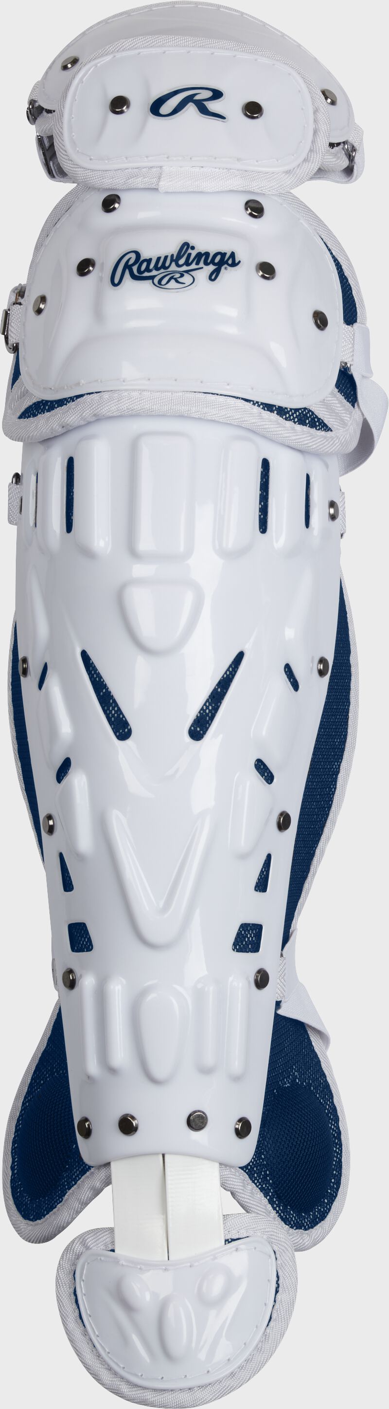 Front of a white/navy Velo softball leg guard