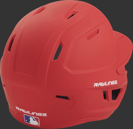 Back right of a one-tone matte scarlet MACH Rawlings senior size batting helmet