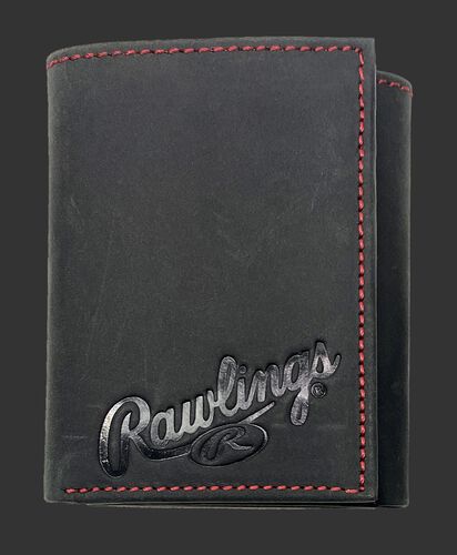 A black high grade debossed tri-fold wallet with the Rawlings script logo debossed on the bottom right corner - SKU: RPW005-001
