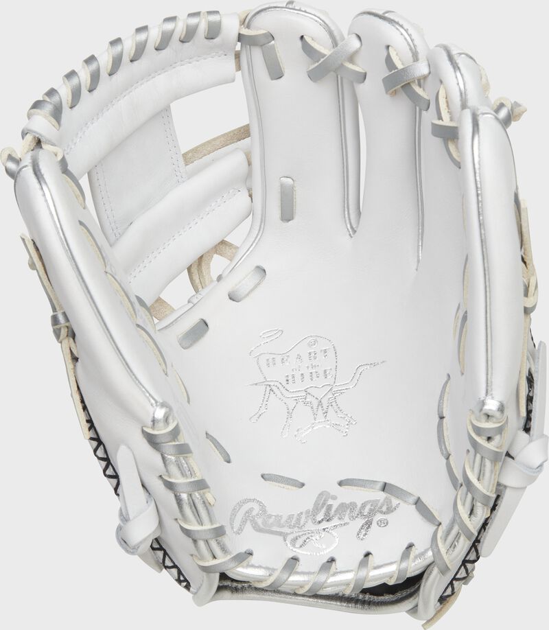White palm of a Rawlings Heart of the Hide R2G glove with platinum laces: SKU: RSGPROR204W-2W