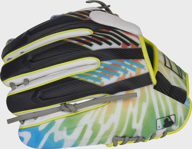 Back of a multi-color REV1X 11.75-Inch infield glove with the MLB logo on the pinky - SKU: RSGREVFL12-32