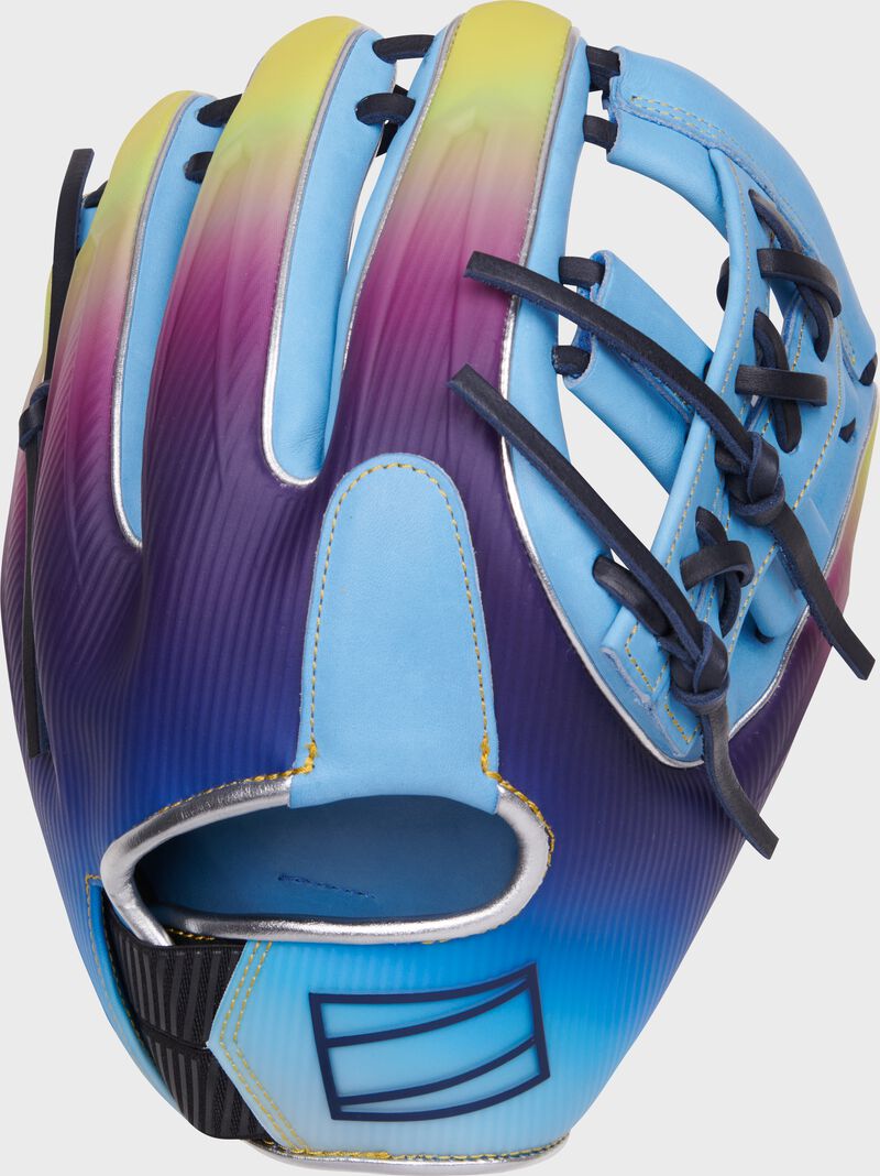 Navy/Columbia blue design back of a Rawlings Francisco Lindor REV1X infield glove