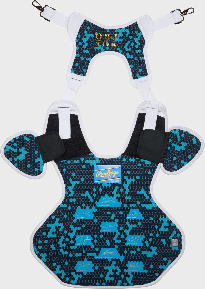 Back of a white Rawlings Mach Pro Series chest protector with the harness up loading=