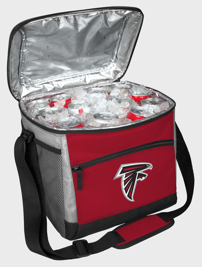An Atlanta Falcons 24 can cooler open with ice and drinks