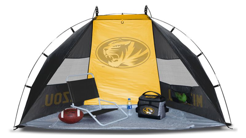 A Missouri Tigers sideline sun shelter set up with a chair, cooler, football and water bottle - SKU: 00973086111