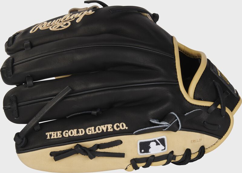 Back of a black/camel Heart of the Hide R2G ContoUR fit 11.75" infield glove with the MLB logo on the pinky - SKU: PROR205U-32B