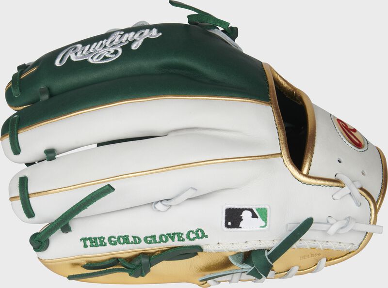 White/green back of a HOH PRO-LUCKYV infield glove with gold trim and MLB logo on the pinky - SKU: RSGPRO-LUCKYV