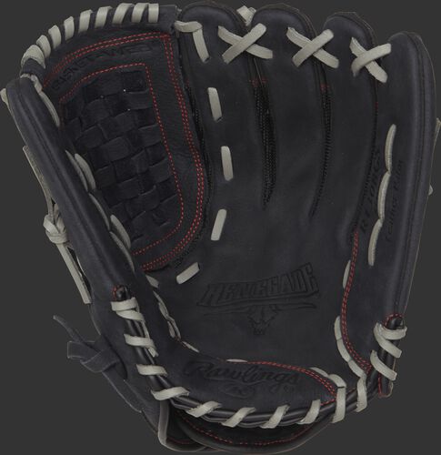 Palm view of a R130BGS Rawlings Renegade Series recreational baseball/softball glove with a black palm and grey laces