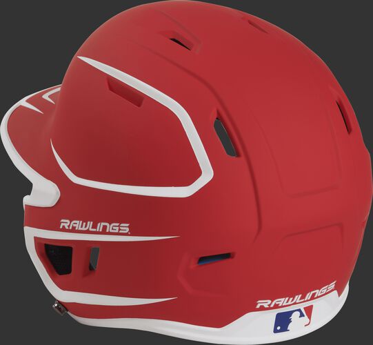 Back left view of a matte scarlet/white MACHEXTR MACH series two-tone batting helmet with air vents