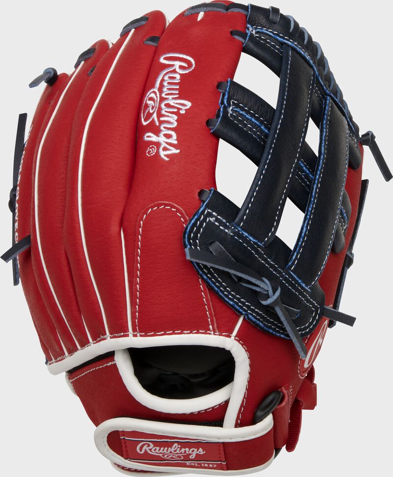 Back of a scarlet Bryce Harper signature Sure Catch glove with a red Rawlings patch on the wrist strap - SKU: SC115BH