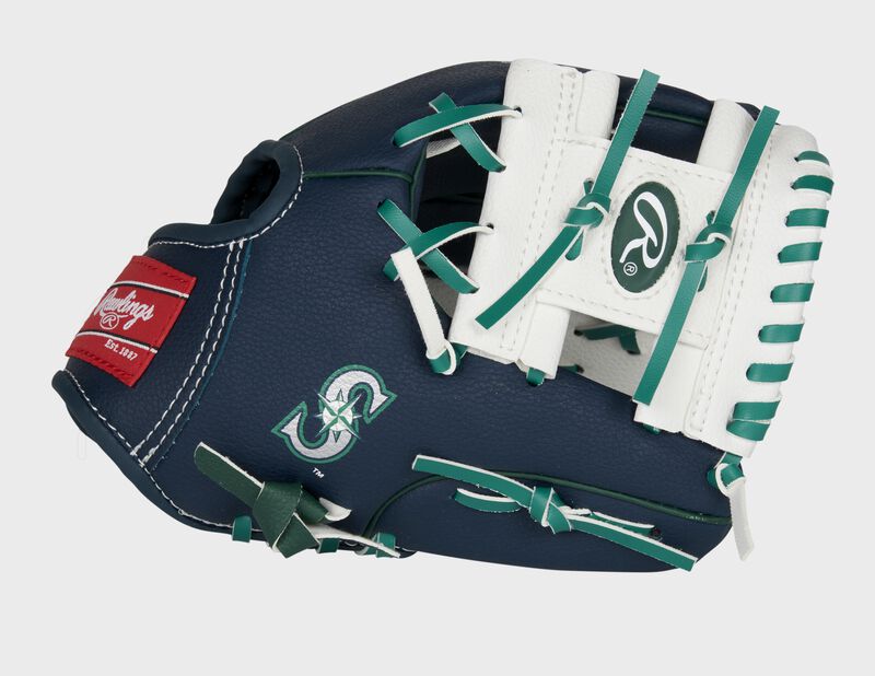 Thumb of a navy/white Seattle Mariners 10-Inch team logo glove with a white I-web and Mariners logo on the thumb - SKU: 22000015111
