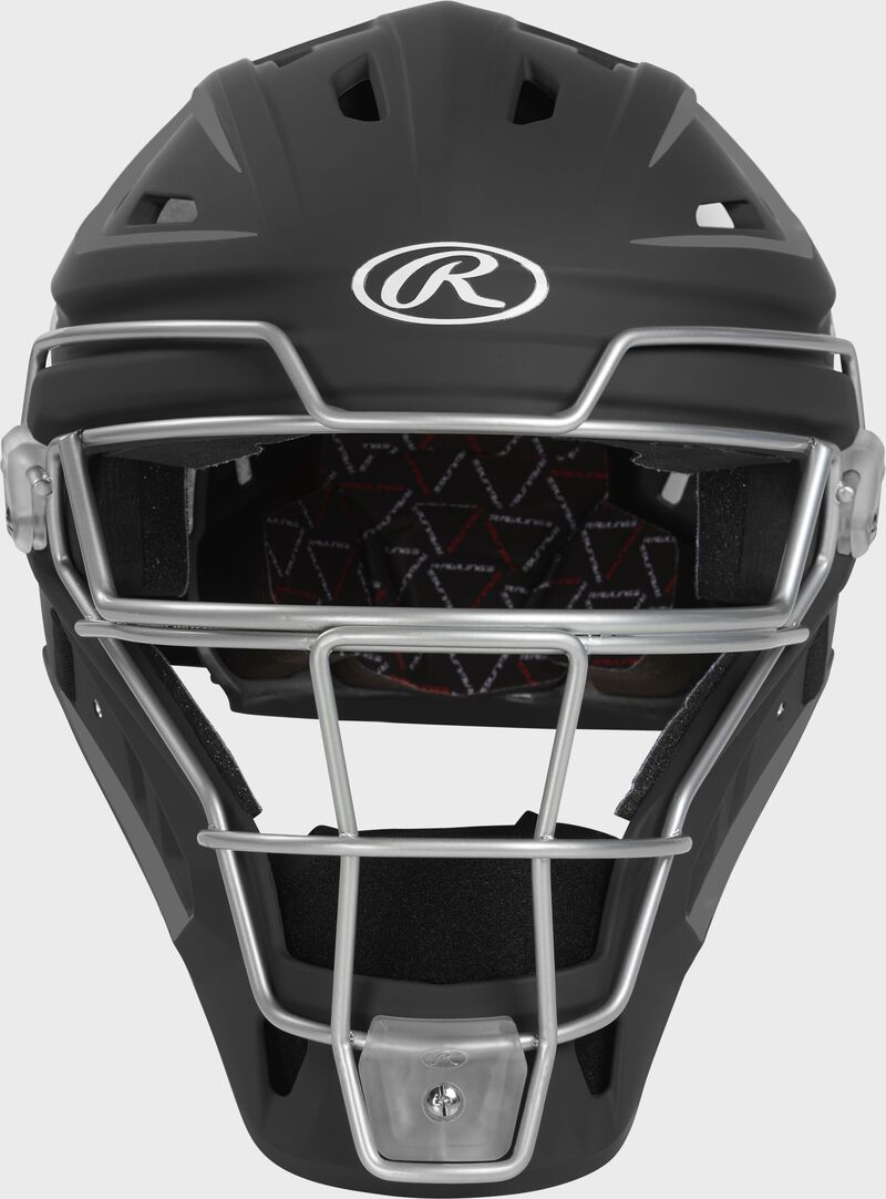 Front of a black Velo 2.0 catcher's helmet