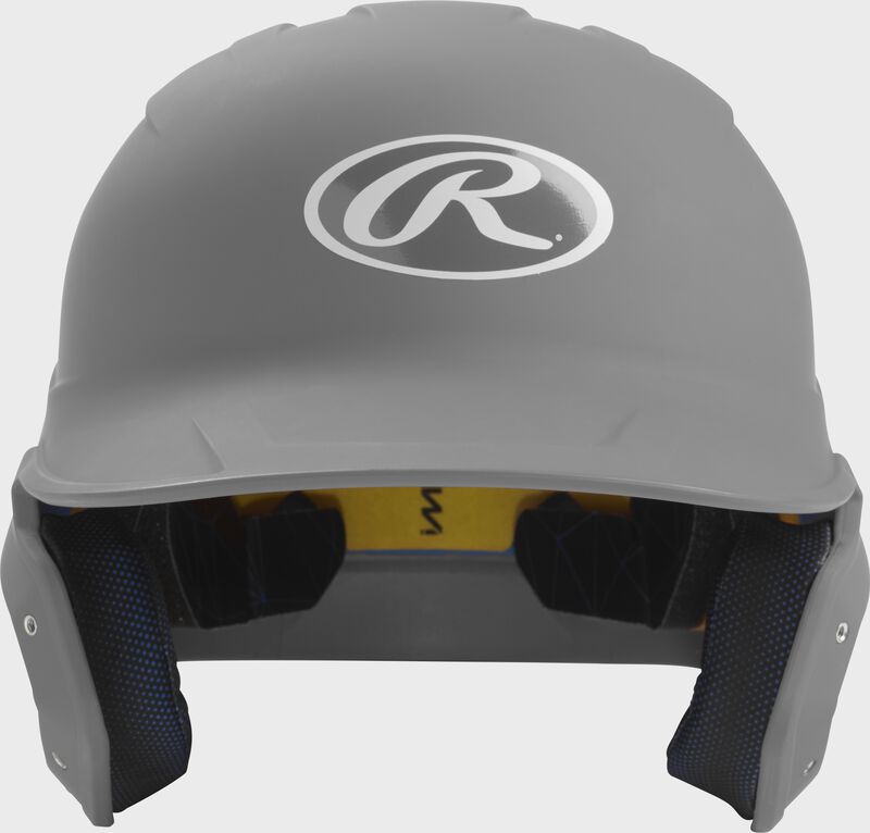 Front of a matte silver MACH junior size batting helmet
