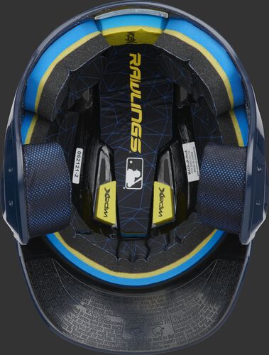 Inside of a Rawlings MACH baseball helmet with IMPAX durable foam padding