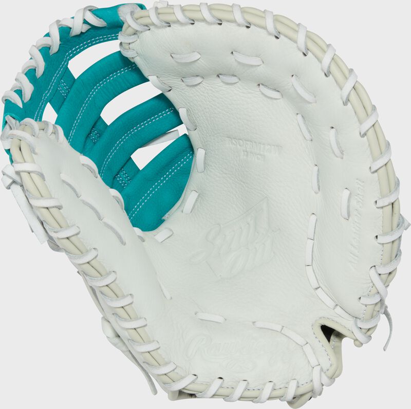 Palm of a white/teal Shut Out 12-inch Fastpitch Softball 1st Base Mitt