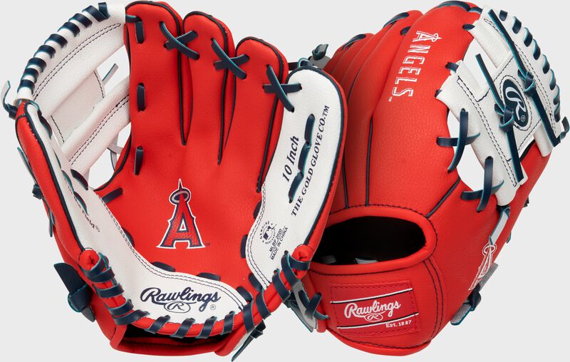 Two images showing the palm & back of a Los Angeles Angels team logo glove