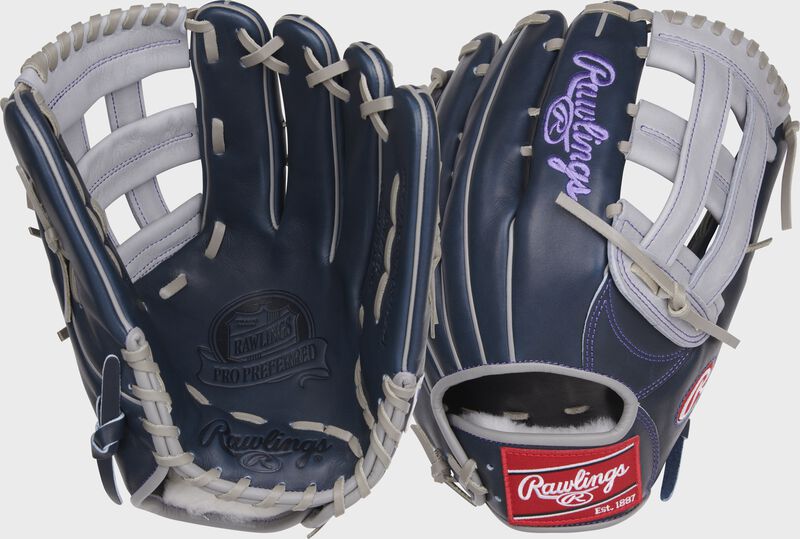 2 views showing the palm & thumb of a navy Aaron Judge Pro Preferred outfield glove - SKU: PROS3039-6AJ