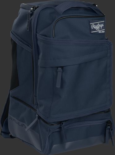Right angle of a navy R701 baseball backpack