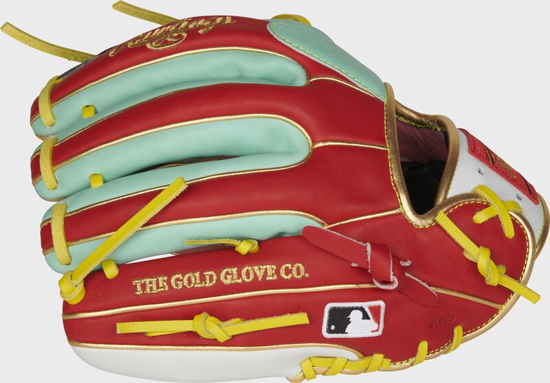 Scarlet/mint fingers of a Rawlings Gameday 57 Kolten Wong glove with the MLB logo on the pinky - SKU: PRO314-7KW