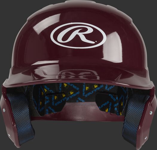 Front of a maroon MCH01A Rawlings Mach batting helmet with an Oval R logo