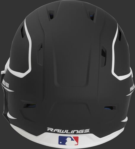 Back of a MACHEXTR high performance junior MACH helmet with a matte black/white shell and Official Batting Helmet of MLB logo