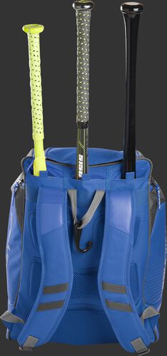 Back of a royal Rawlings Legion baseball bag with 3 bats in the bat storage sleeve - SKU: LEGION-R