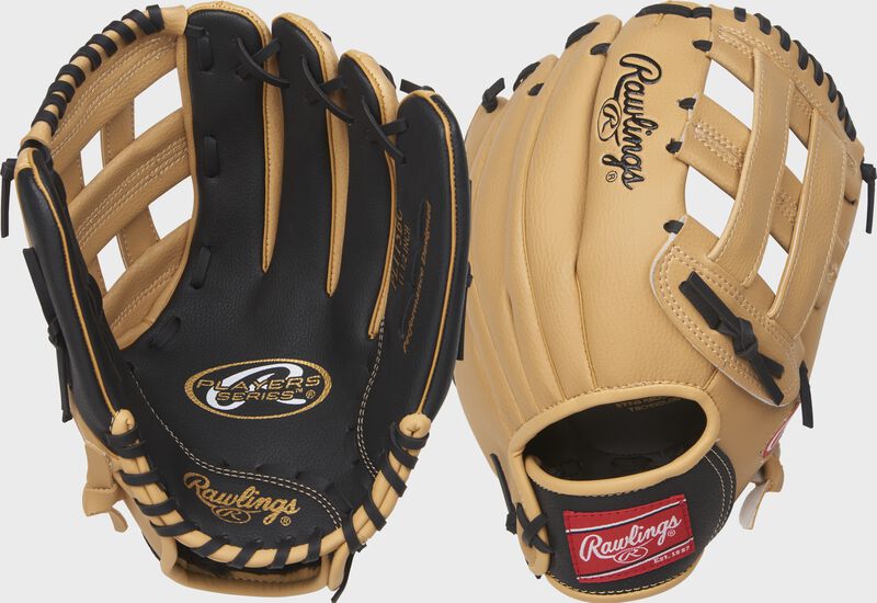 Two images showing the palm & back of a camel/black Players Series 11.5" baseball/softball glove