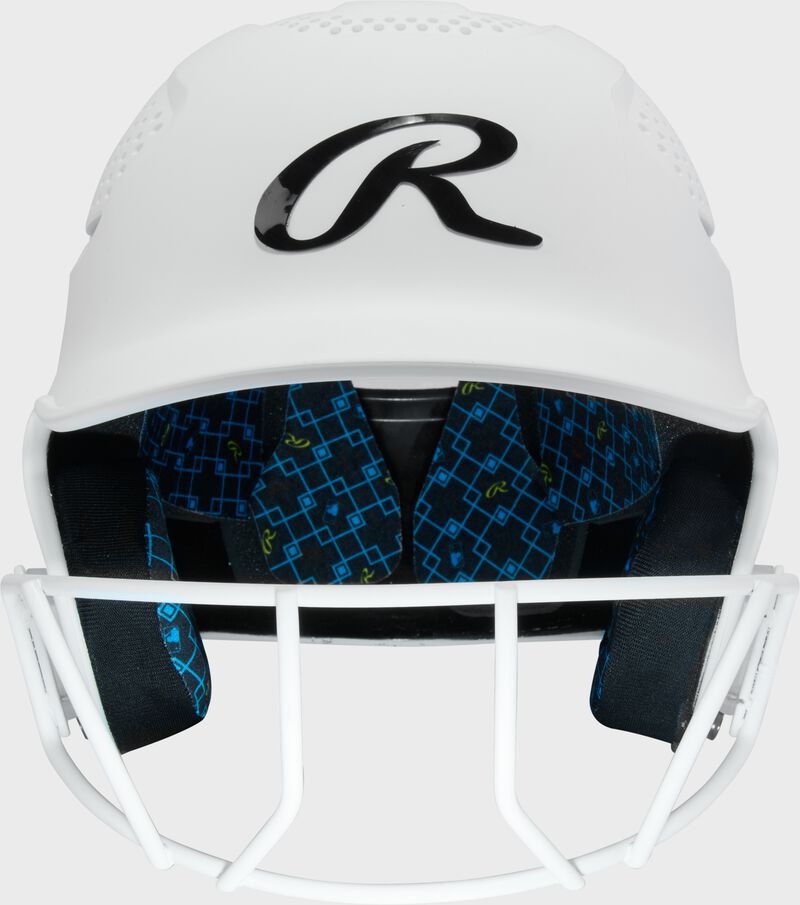 Front of a white Rawlings RX2 fastpitch batting helmet