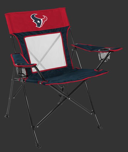 A blue/red Houston Texans Game Changer chair with a mesh back and team logo on top