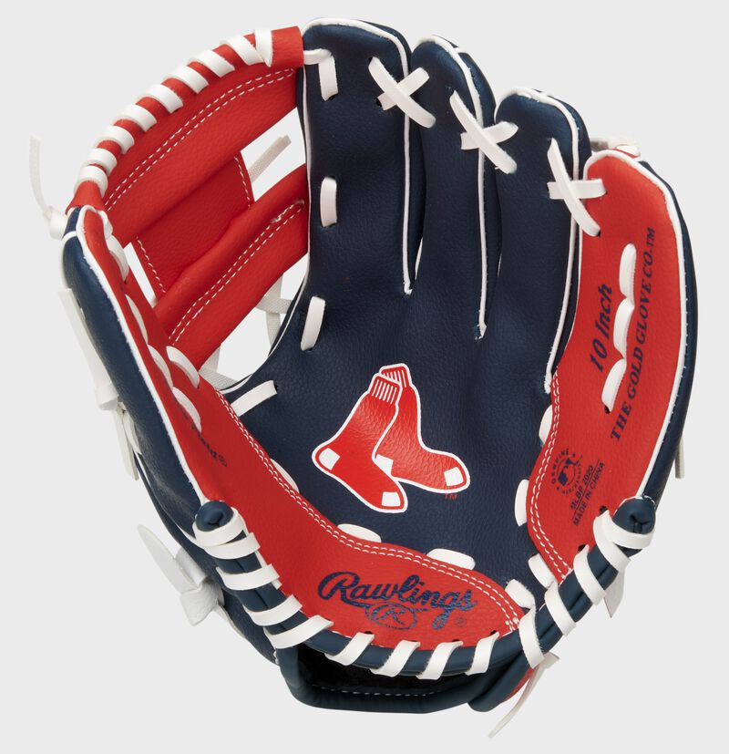 A navy/red Rawlings Boston Red Sox youth glove with the Red Sox logo stamped in the palm - SKU: 22000024111
