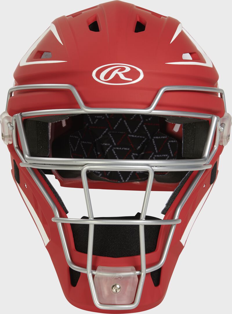 Front of a scarlet Velo 2.0 catcher's helmet