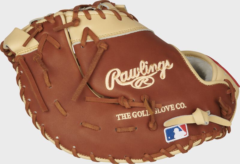 Bruciato back of a Gameday 57 Series Matt Olson first base mitt with the MLB logo on the pinkie - SKU: PROSDCTMO28 loading=