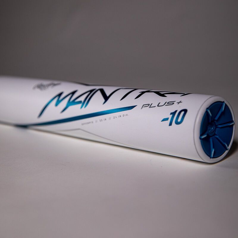 A white -10 Rawlings Mantra+ fastpitch bat with a white background - SKU: RFP3MP