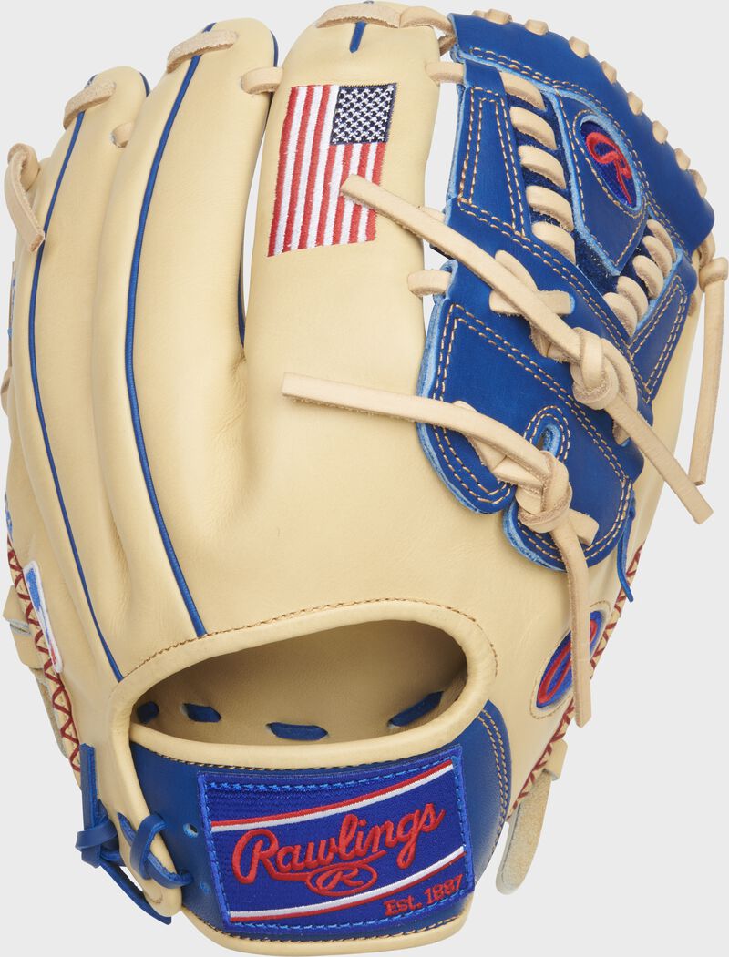 Back of a camel/royal Heart of the Hide R2G 11.75" pitcher's glove with a royal Rawlings patch - SKU: PROR205-30CR