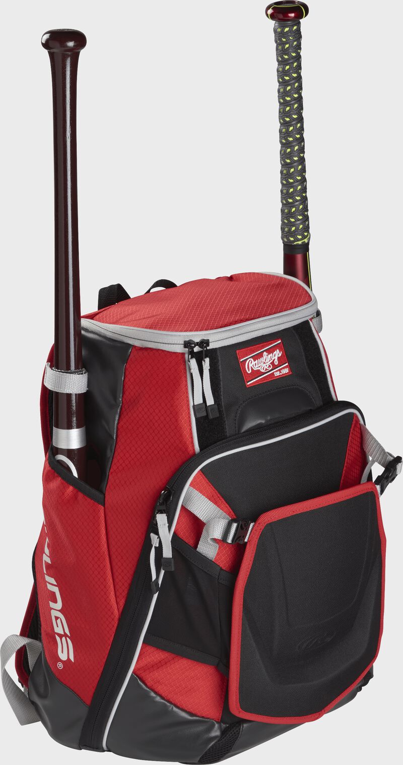 Front right of a scarlet VELOBK Rawlings Velo bag with two bats