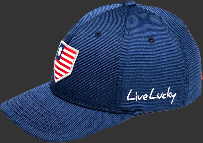Side of a navy Rawlings Black Clover All Star hat with "Live Lucky" on the side - BCR1ASN0071