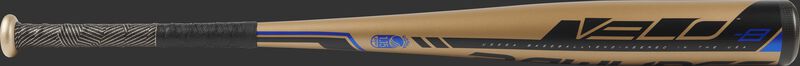 Barrel view of a UT9V8 2019 Velo USSSA baseball bat with a gold barrel and gold/black batting grip
