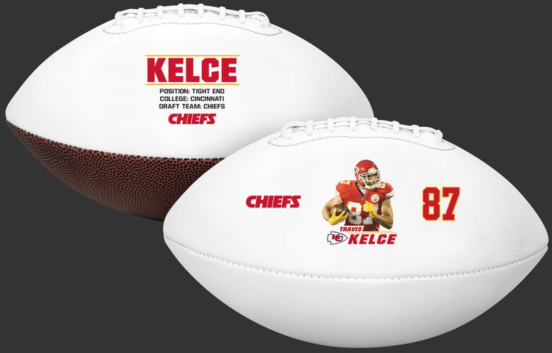 Two images showing both sides of a Travis Kelce full size football - SKU: 35341349111