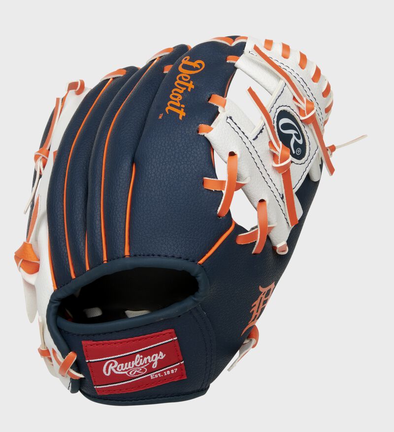 A navy/white Detroit Tigers 10-Inch I-web glove with orange accents and red Rawlings patch - SKU: 22000027111