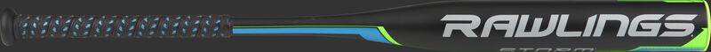 FP8S13 Storm fastpitch bat with a black barrel and neon green/blue accents