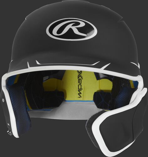 Front of a matte black/white MACHEXTR junior size Mach batting helmet with face guard extension for right hand batters