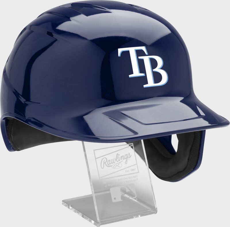 Front right of a MLB Tampa Bay Rays replica helmet - SKU: MLBMR-TB
