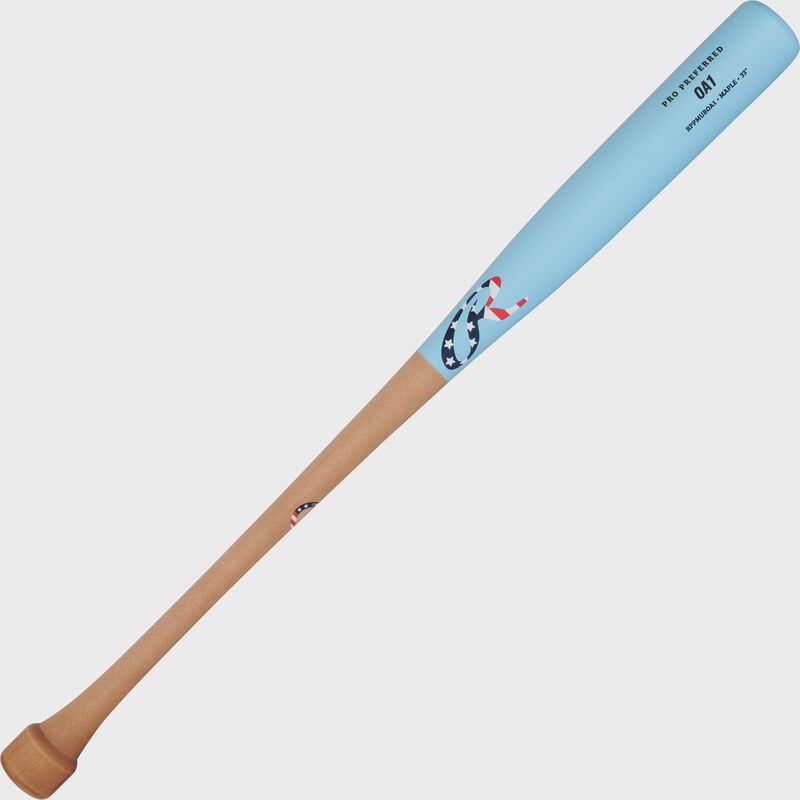 A natural/Columbia blue Rawlings Pro Preferred OA1 maple wood baseball bat