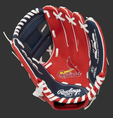 A red/navy Rawlings St. Louis Cardinals youth glove with a Cardinals logo on the palm - SKU: 22000007111