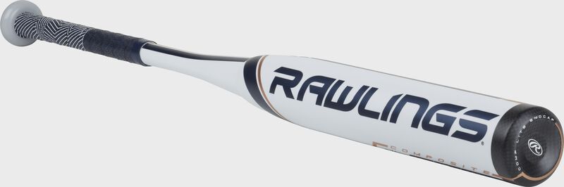 FP9V11 Rawlings fastpitch softball bat with a white barrel and navy/rose gold accents