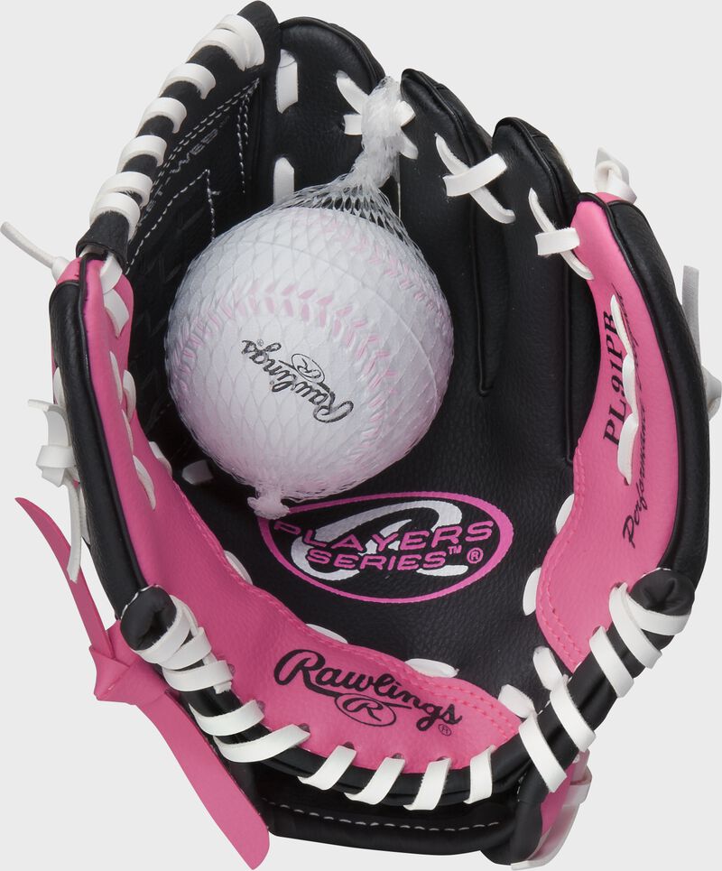 A ball in the palm of a 9-inch Players black/pink t-ball glove - SKU: ACAPL91PB