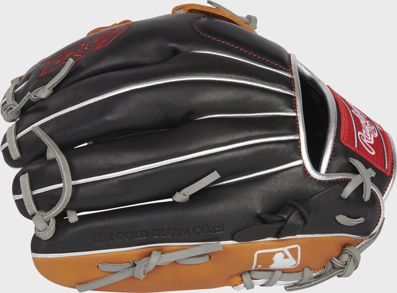 Back of a black/tan R9 ContoUR 12" baseball glove with the MLB logo on the pinky - SKU: R9120U-6BT loading=