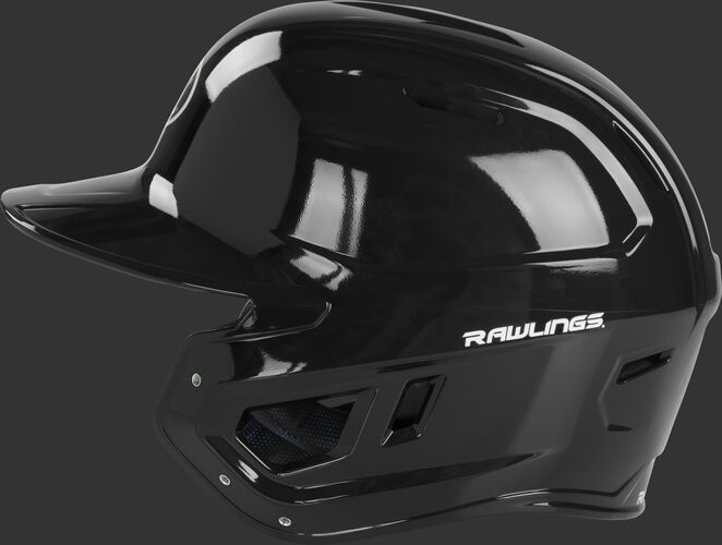 Left side of a black MCC01 Mach baseball helmet compatible with MEXT face guard extension