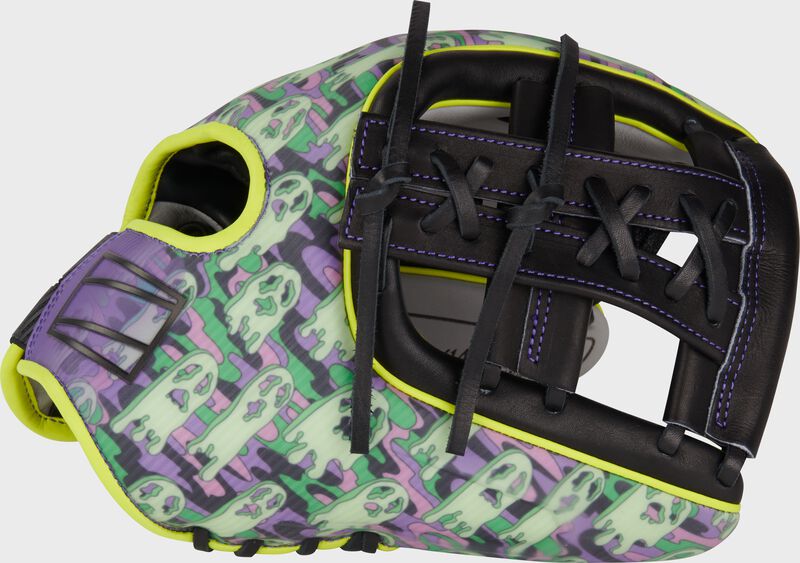Thumb of a Limited edition REV1X Halloween infield glove with a black split, laced single post web