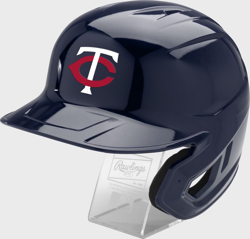 Front left of a navy Rawlings Minnesota Twins replica helmet - SKU: MLBMR-MIN